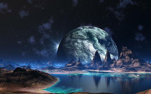 Mån över bergen, bakgrunder, skrivbord, sjö, måne, scifi, planeter, jätte, HD tapet HD wallpaper