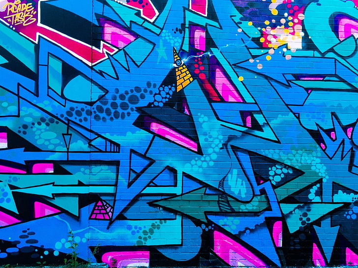 синие, розовые и черные граффити цифровые обои, граффити, уличное искусство, красочные, стена, городские, HD обои