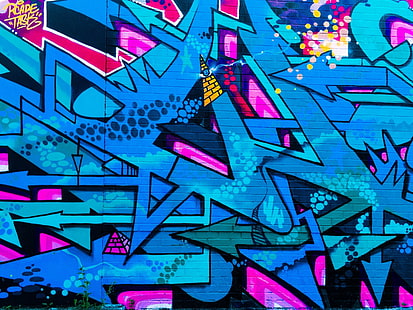 파란색, 분홍색, 검은 색 낙서 디지털 벽지, 낙서, 거리 미술, 화려한, 벽, 도시, HD 배경 화면 HD wallpaper