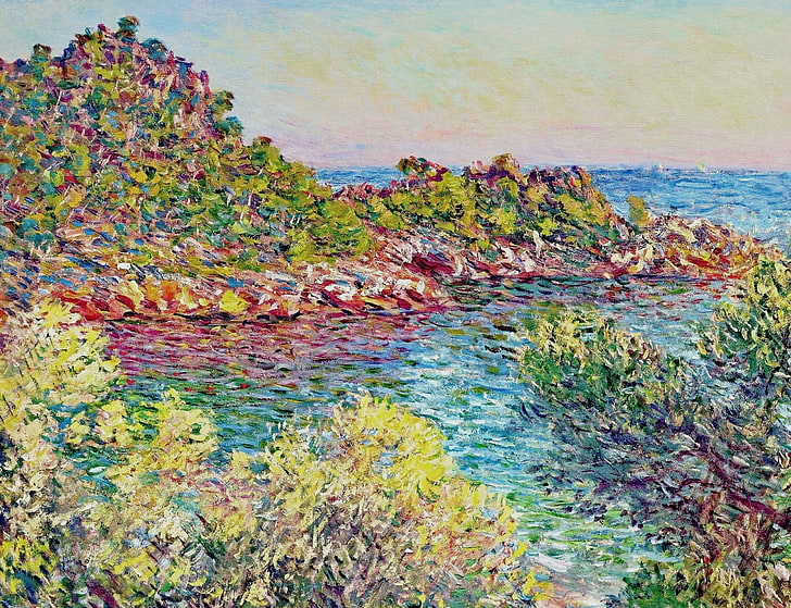 spo d'acqua e alberi pittura, natura, foto, Claude Monet, Paesaggio vicino a Monte Carlo, Sfondo HD