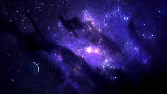 сине-фиолетовая галактика, цифровое искусство, космос, планета, звезды, галактика, фиолетовый, HD обои HD wallpaper