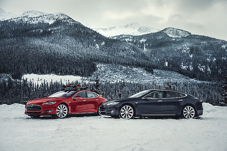 suv, merah, Mobil Listrik tercepat, mobil listrik, hitam, mobil sport, Tesla model S P85D, Wallpaper HD