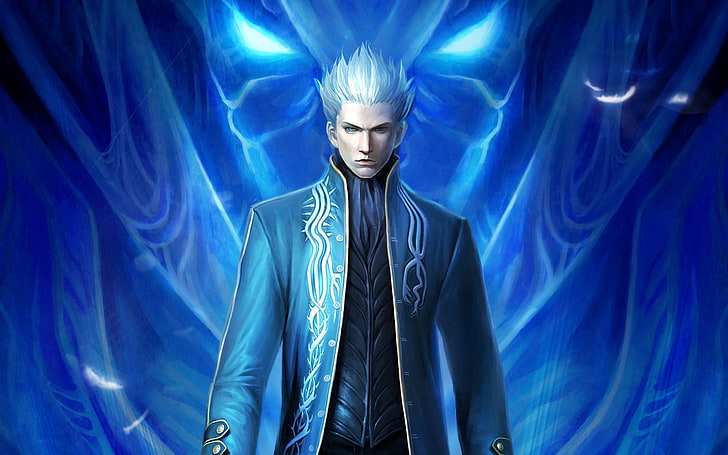 personagem masculino anime, vestindo papel de parede digital blazer azul, diabo pode chorar 3, dmc, virgil, loira, arte, demônio, HD papel de parede