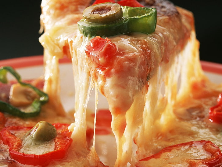 pepper topped pizza, pizza, vegetables, cheese, piece, tasty, HD wallpaper