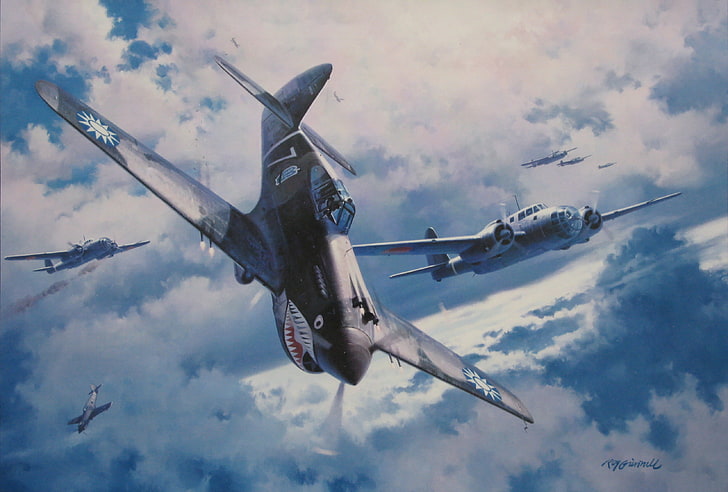 wojna, sztuka, malarstwo, lotnictwo, wojna światowa, P 40 Tomahawk, Tapety HD