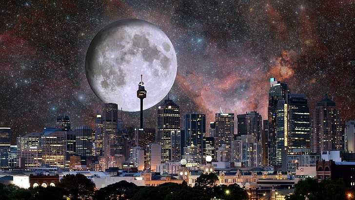 photo, manipulation, full moon, city lights, cityscape, skyscrapers, nightsky, starry, stars, night sky, HD wallpaper