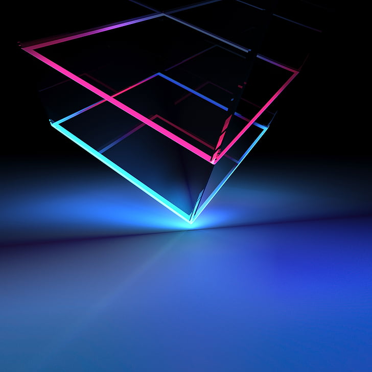 Cube, 3D, Neon, Blue, Light, HTC U12 Plus, Stock, HD, Tapety HD