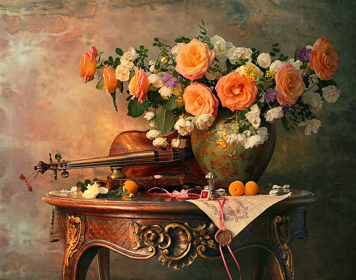 flowers, style, violin, roses, bouquet, vase, still life, apricots, Andrey Morozov, HD wallpaper