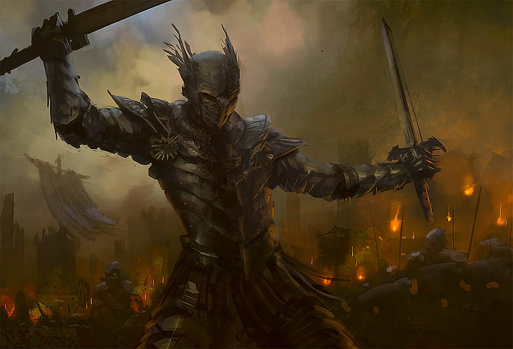 Obra de arte, guerrero, fuego, espada, armadura, arte fantasía, Fondo de pantalla HD