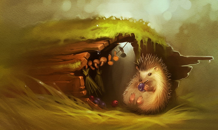 brown hedgehog digital wallpaper, forest, berries, tree, mushrooms, Hedgehog, art, HD wallpaper
