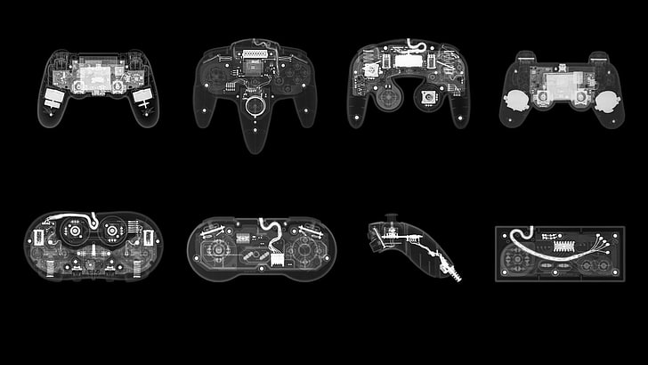 восемь черных контроллеров картинки, схемы, рентгеновские снимки, видеоигры, контроллеры, Nintendo, цифровое искусство, черный фон, HD обои