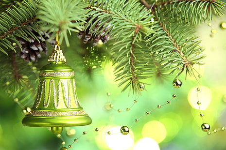 adorno de campana de Navidad de brillo verde y plata, decoración, árbol, año nuevo, árbol de navidad, feliz Navidad, campana, Fondo de pantalla HD HD wallpaper