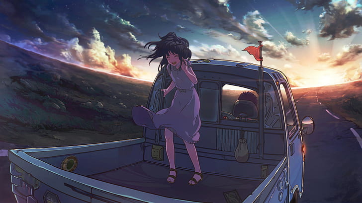 anime, garis depan fajar, mobil, fajar, jalan, gadis anime, kendaraan, langit, awan, sinar matahari, pakaian, Wallpaper HD
