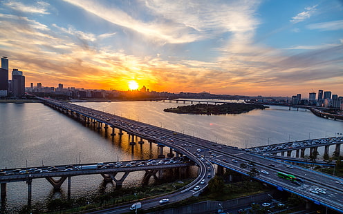 Solnedgång Seoul Mapo Bridge Of Han River i Sydkorea Skrivbordsunderlägg Hd 5200 × 3250, HD tapet HD wallpaper