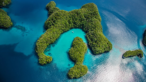 foto udara pulau hijau dengan laut biru, Palau, Filipina, samudra, kepulauan, 8k, Wallpaper HD HD wallpaper