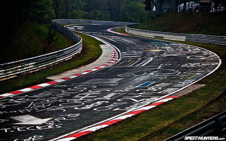 gray and red racetrack, nurburgring, race tracks, road, graffiti, motorsports, HD wallpaper