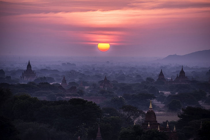 krajobraz, przyroda, mgła, chmury, niebo, świątynia, buddyzm, drzewa, dolina, Bagan, Myanmar, Tapety HD