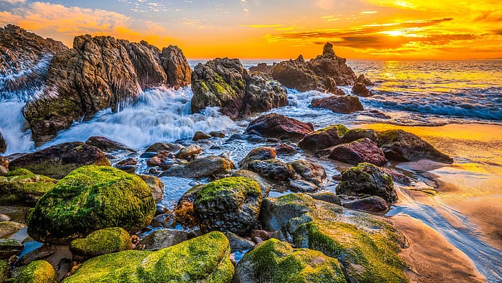 Malibu, California, USA, nature, sky, coast, sea, waves, stones, sunset, moss, HD wallpaper