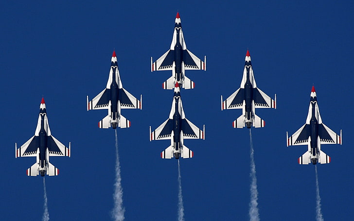 sex vitt och svart stridsflygplan, flygplan, militär, flygplan, krig, General Dynamics F-16 Fighting Falcon, contrails, HD tapet