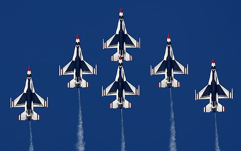 sex vitt och svart stridsflygplan, flygplan, militär, flygplan, krig, General Dynamics F-16 Fighting Falcon, contrails, HD tapet HD wallpaper
