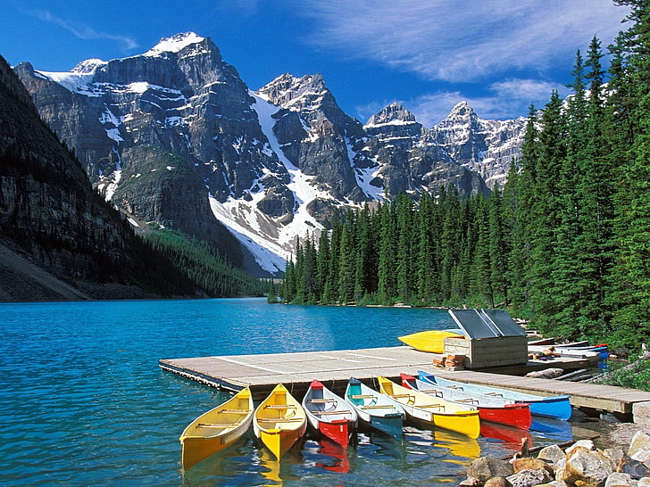 brown boardwalk, moraine lake, boats, canada, multi-colored, lake, excursions, HD wallpaper