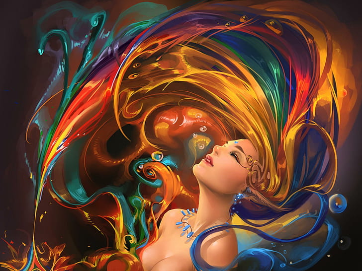 Colorful Hair Whip, artistic, woman, fantasy, beauty, 3d and abstract, HD wallpaper