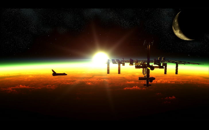 อวกาศดาวเทียมขอบฟ้าสถานีอวกาศนานาชาติศิลปะดิจิทัลดาวเคราะห์สถานีอวกาศศิลปะอวกาศ, วอลล์เปเปอร์ HD