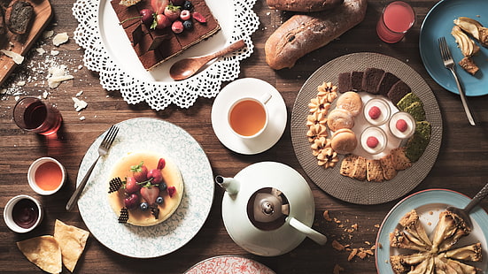 ягоды, чай, пирог, пирожное, десерт, нарезки, HD обои HD wallpaper