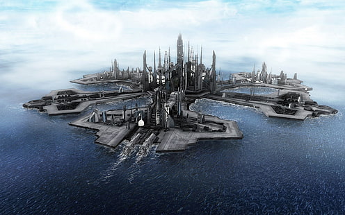 edifici grigi carta da parati, mare, Stargate Atlantis, Stargate, Sfondo HD HD wallpaper