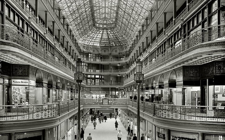 Old Mall, edwardian, indoor, shopping, mall, black and white, 3d and abstract, HD wallpaper