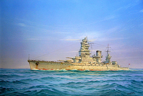 mar, figura, arte, navio da linha, WW2, Marinha do Japão, tipo Nagato, HD papel de parede HD wallpaper