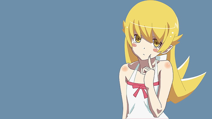 postać kobiecego anime z żółtym z białym topem na ramiączkach, anime dziewczyny, anime, seria Monogatari, Oshino Shinobu, długie włosy, blondynka, grafika wektorowa, proste tło, Tapety HD