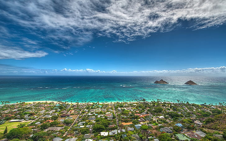 Man Made, Town, Beach, Horizon, House, Lanikai Beach, Oahu, Ocean, Palm Tree, Sea, HD wallpaper