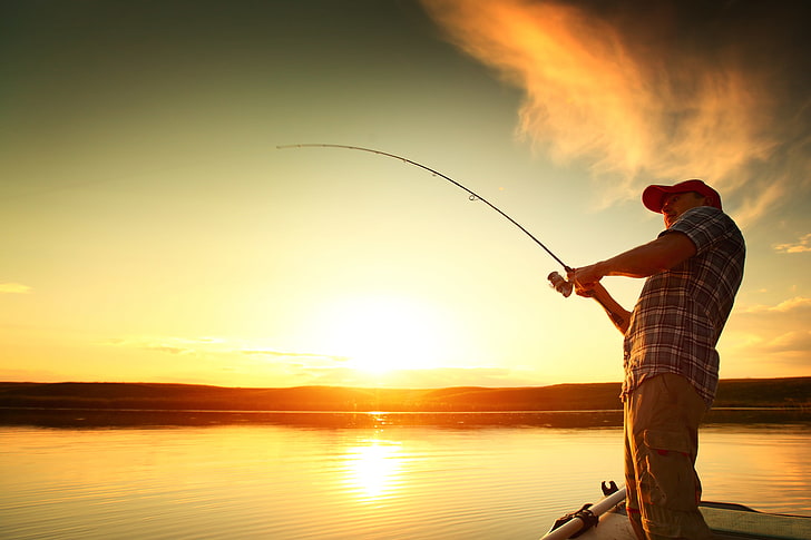 光、日没、水、男、釣り、 HDデスクトップの壁紙