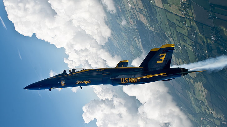 arma Nerf preta e azul, militar, aeronaves militares, McDonnell Douglas F / A-18 Hornet, força aérea dos EUA, Blue Angels, nuvens, HD papel de parede
