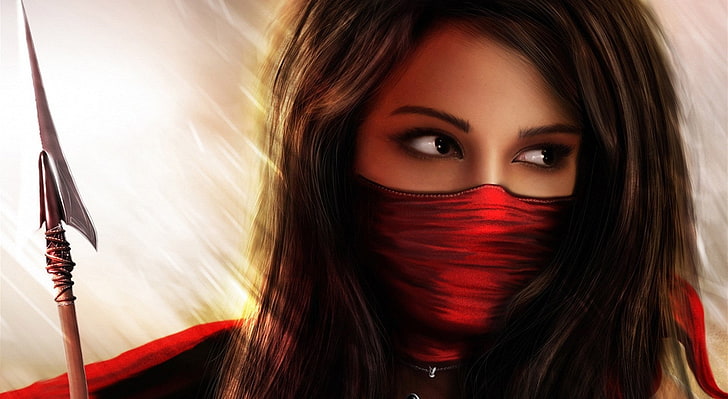 Ninja Girl Fantasy, ilustracja z czerwoną maską dla kobiet, artystyczne, fantasy, ninja, grafika, sztuka cyfrowa, fantasy girl, Tapety HD