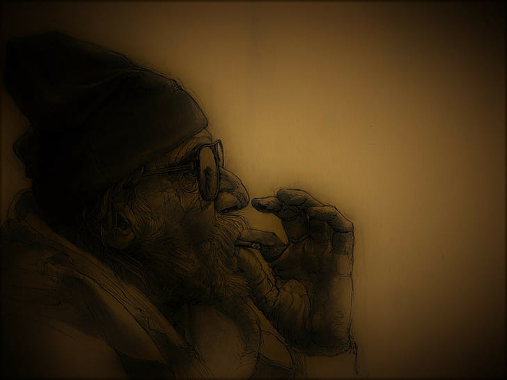 merokok, orang tua, gelap, karya seni, Wallpaper HD