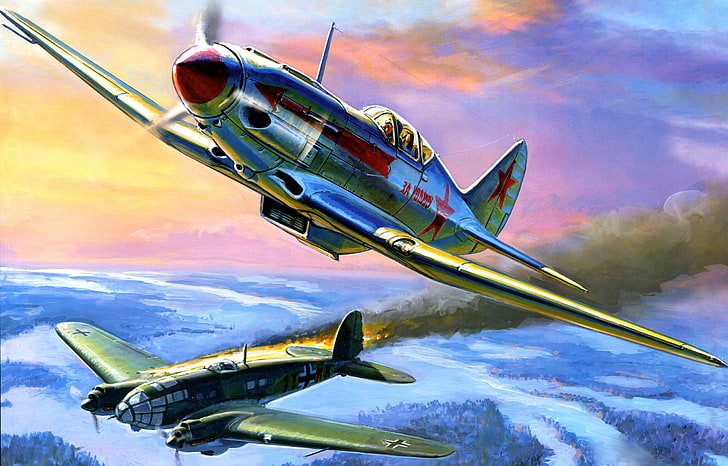 tapeta dwa zielone i niebiesko-beżowe samoloty, niebo, wojna, postać, myśliwiec, bombowiec, samolot, w linie, niemiecki, radziecki, średni, wysoki, He 111, Heinkel, MIG-3, Tapety HD