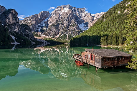 montañas, lago, reflexión, barco, Italia, casa, Los Dolomitas, Tirol del Sur, Dolomitas, Lago Braies, Pragser Wildsee, Pragser, Wildsee, Fondo de pantalla HD HD wallpaper