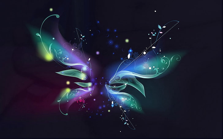digitale Tapete des blauen und aquamarinen Schmetterlinges, Blume, Blumenblätter, Rauch, Hintergrund, bunt, HD-Hintergrundbild