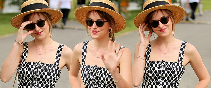 Dakota Johnson, celebrytka, słomkowy kapelusz, kolaż, okulary przeciwsłoneczne, kobiety w okularach, aktorka, Tapety HD