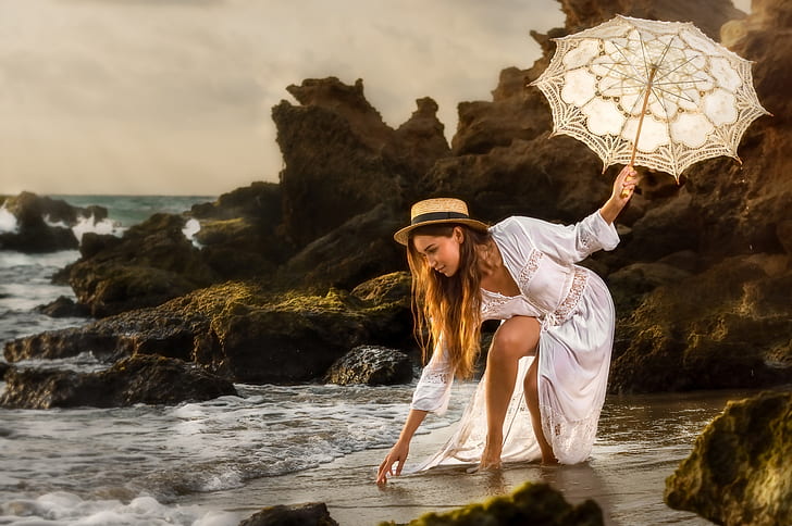 sea, girl, pose, umbrella, mood, rocks, dress, hat, Alex Darash, HD wallpaper