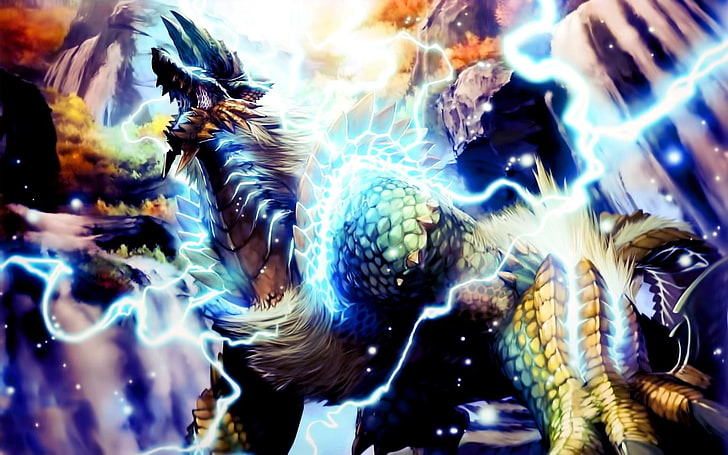 blue and white floral textile, Monster Hunter, Zinogre, HD wallpaper