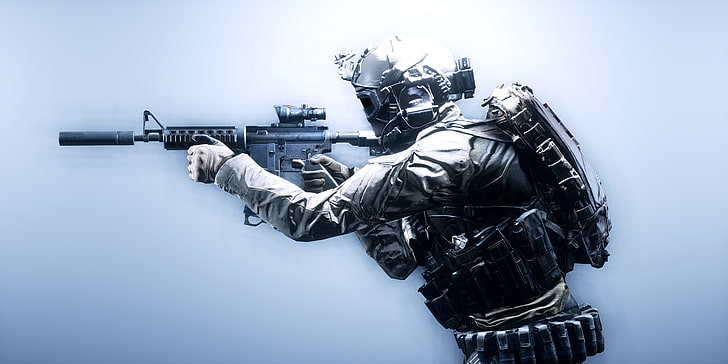 Солдат держит винтовку иллюстрации, оружие, фон, солдаты, экипировка, Battlefield 4, HD обои