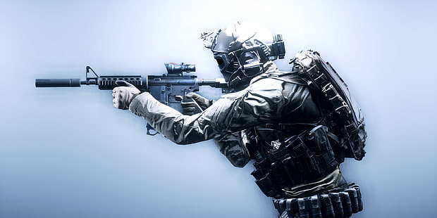 soldato con fucile illustrazione, armi, sfondo, soldati, equipaggiamento, Battlefield 4, Sfondo HD HD wallpaper