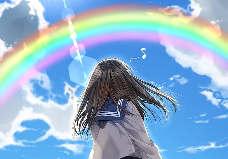 clouds, rainbow, schoolgirl, blue sky, breeze, sailor, from the back, HD wallpaper