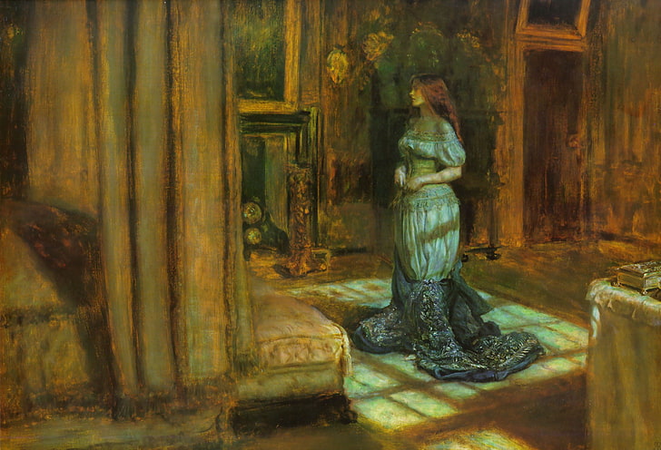 girl, darkness, room, bed, skirt, picture, the evening, the door, box, corset, red, fireplace, canopy, John Everett Millais, The Eve of Saint Agnes, HD wallpaper