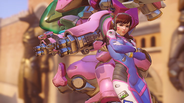 animated woman and pink robot illustration, D.Va (Overwatch), Overwatch, HD wallpaper
