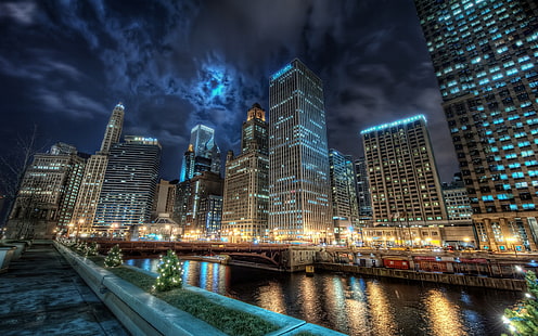 シカゴ市の夜景、高層超高層ビルのランドマーク、シカゴ、都市、夜、光、 HDデスクトップの壁紙 HD wallpaper