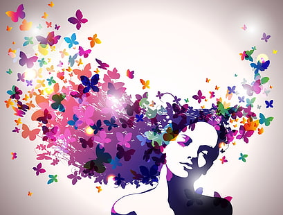 فنية ، نساء ، فراشة ، ملونة ، ألوان ، فتاة ، شعر ، امرأة، خلفية HD HD wallpaper